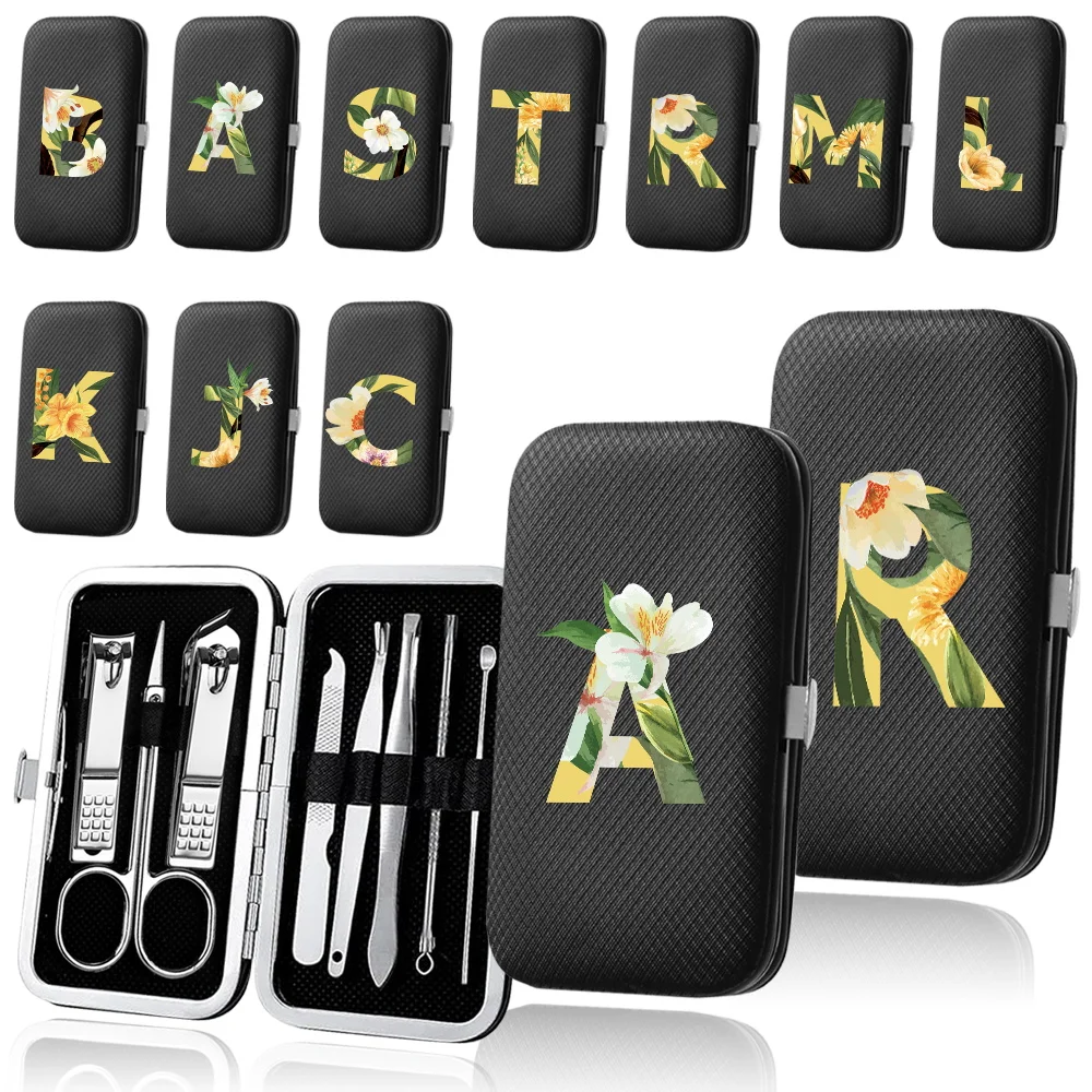 

8Pcs Portable Manicure Set Stainless Steel Pedicure Tool Nail Clippers Kit Pocket Nail Cutters Organizer Floral Letter Pattern