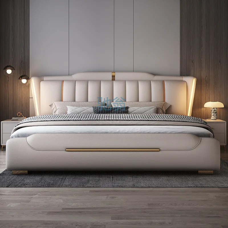 

High-end light luxury leather bed master bedroom 1.5 meters modern simple double bed wedding bed 1.8 meters high box storage