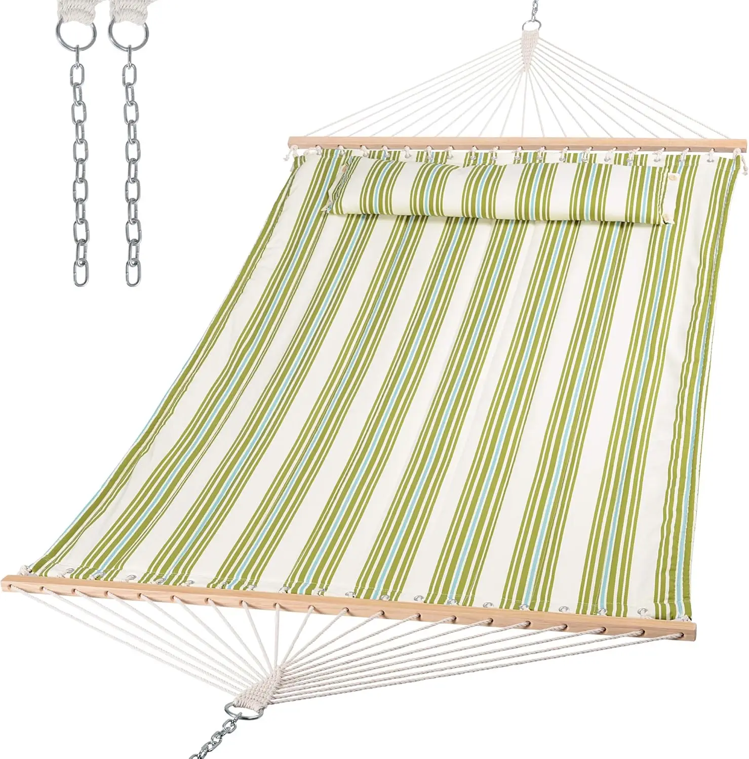 

Heavy Duty Double Hammock with Spreader Bar, Green & Beige, 2 Person for Outdoor Camping