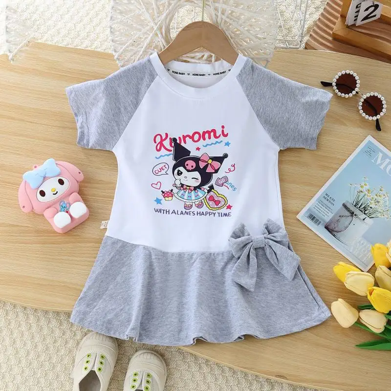 Anime Sanrios Children's Summer Dress Kuromi Girls Cotton Short Sleeve Skirt Cute Pleated Skirt Preppy Style New Kids Clothes