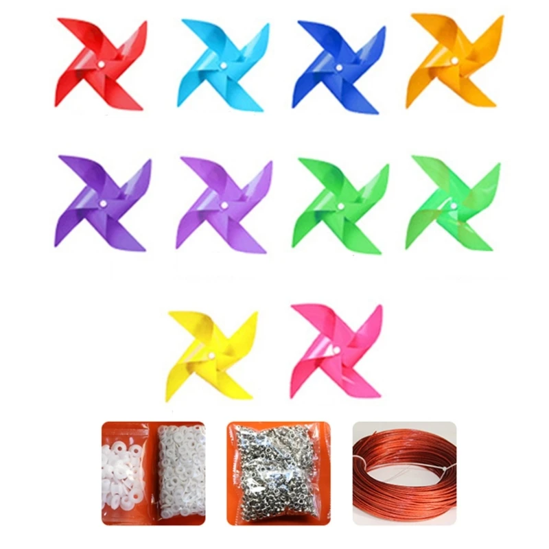100pcs Plastic Pinwheels with 30m Wire Rope Fitting Windmill Toy for Yard Garden Outdoor Decorations Wind Spinners Gift