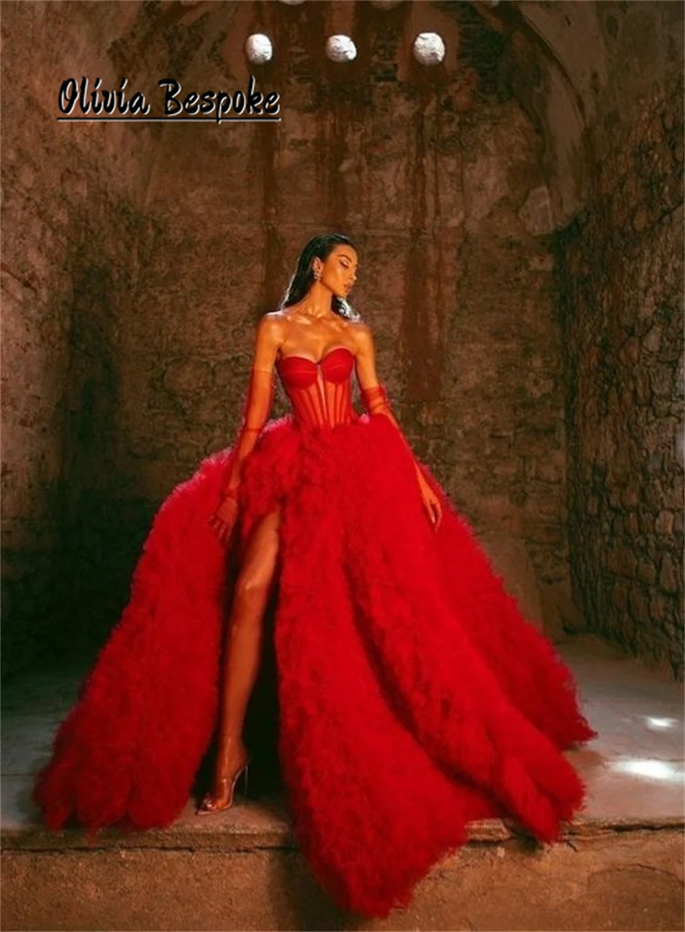 

Fascinating Strapless Red Aso Ebi Prom Dresses With Gloves African Wedding Party Dress Split Tulle Ruched Train vestidos de gala