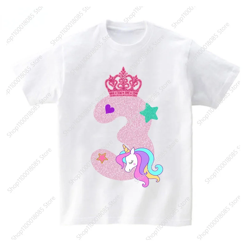 Girl Birthday Unicorn Number Name Crown T-shirt Flower Tops Children\'s Fashion T-shirt Girls Shirt