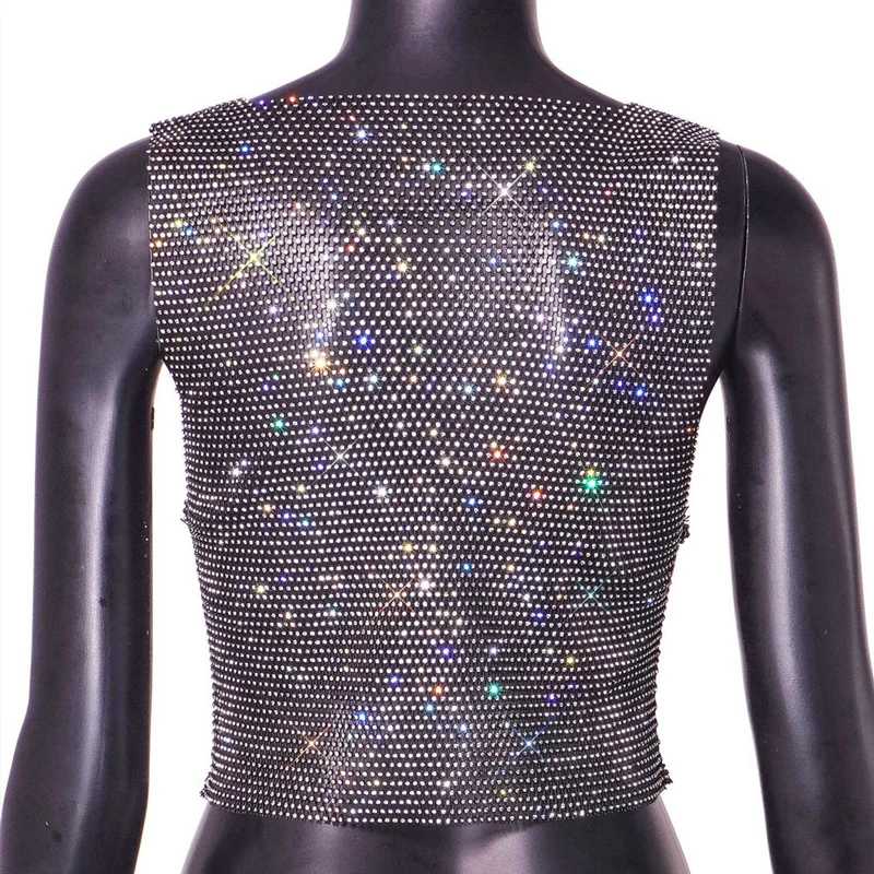 Sexy Fishnet Rhinestone Trimmed Mesh Deep One-Neckline Crop Top Women Cutout Chain Lace-up Tops Perfect for Nightclub