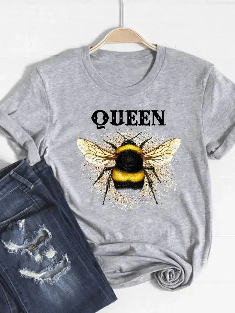 Summer Top Fashion Short Sleeve Graphic T-shirt Tee Basic Clothing Women Clothes Print T Shirt Bee Flower Floral Trend