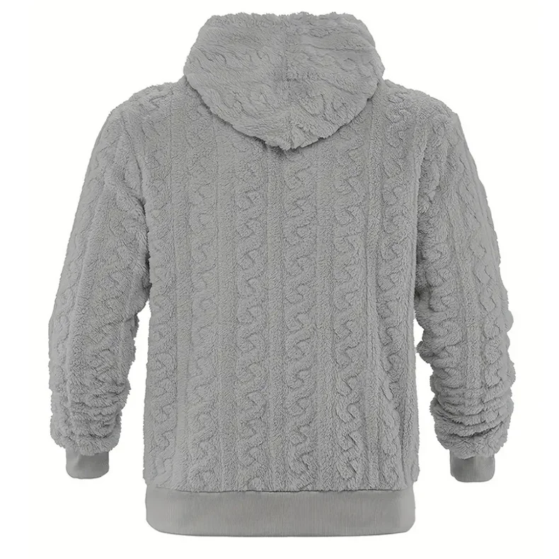 Men Grey Cable Embossed Sherpa Hoodie Warm Loose Pullover Fleece Sweatshirt