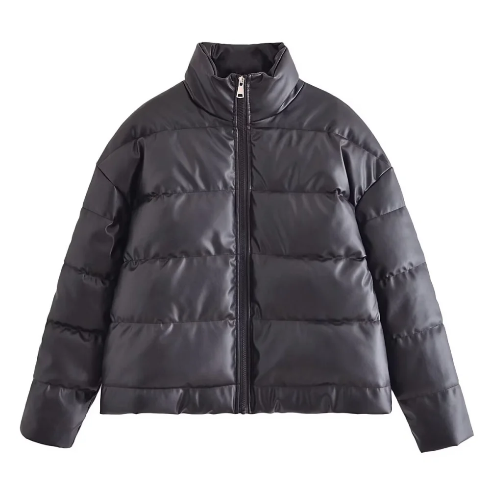 

UNIZERA Women's Faux Leather Loose Jacket High Collar Long Sleeve Pocket Zipper Autumn/Winter New Cotton Jacket