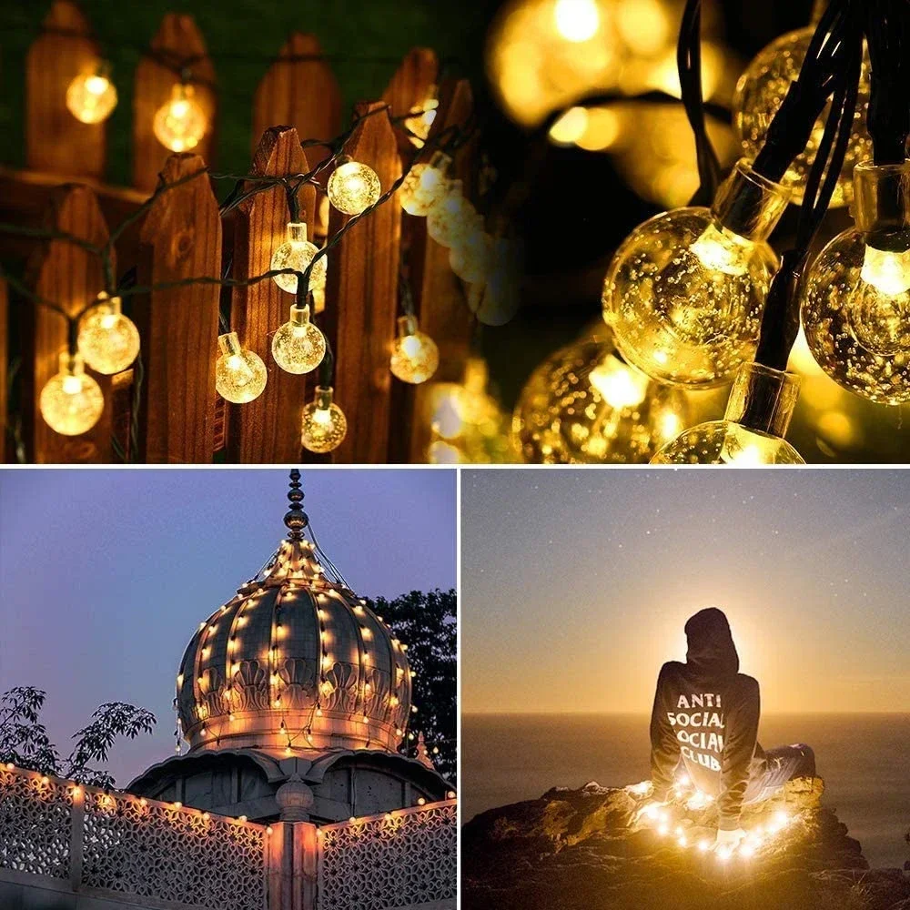 LED Solar Light String Ball, 8 modos, ao ar livre, Camping, Guirlanda, Jardim, Festa, Decoração do casamento, Cristal, Fairy Light