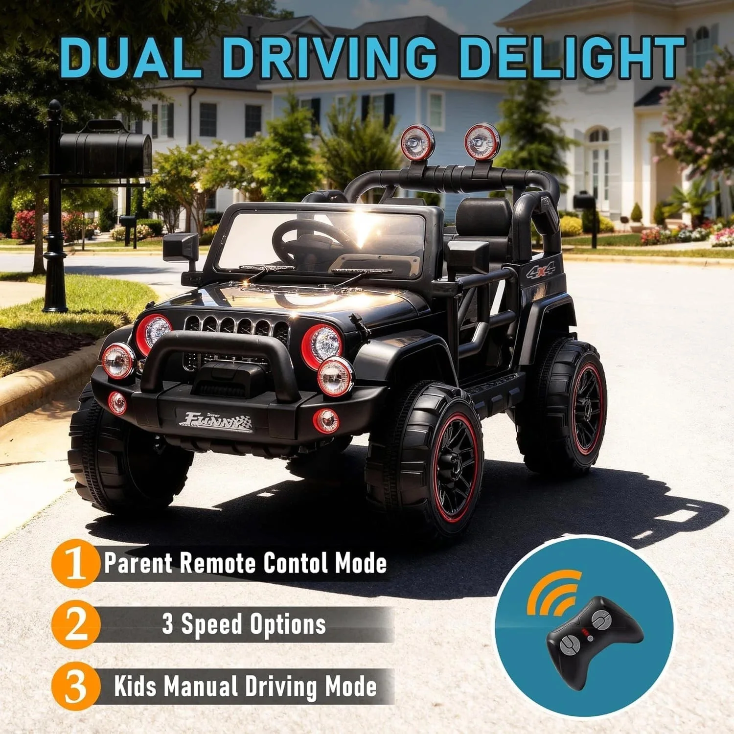 24V Bambini che cavalcano su giocattoli per auto elettriche con controllo dei genitori 2WD Sospensione posteriore Stoccaggio del bagagliaio Tirante portatile per bambini dai 3 anni in su