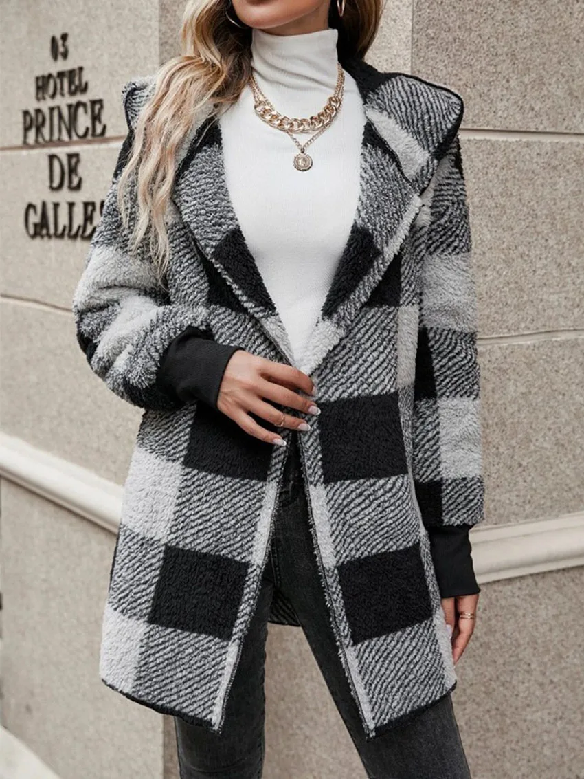

Women Autumn Winter Double Fleece Plaid Cardigan Soft Loose Long Sleeve Plush Warm Hooded Jacket Female Patchwork Outerwear Coat