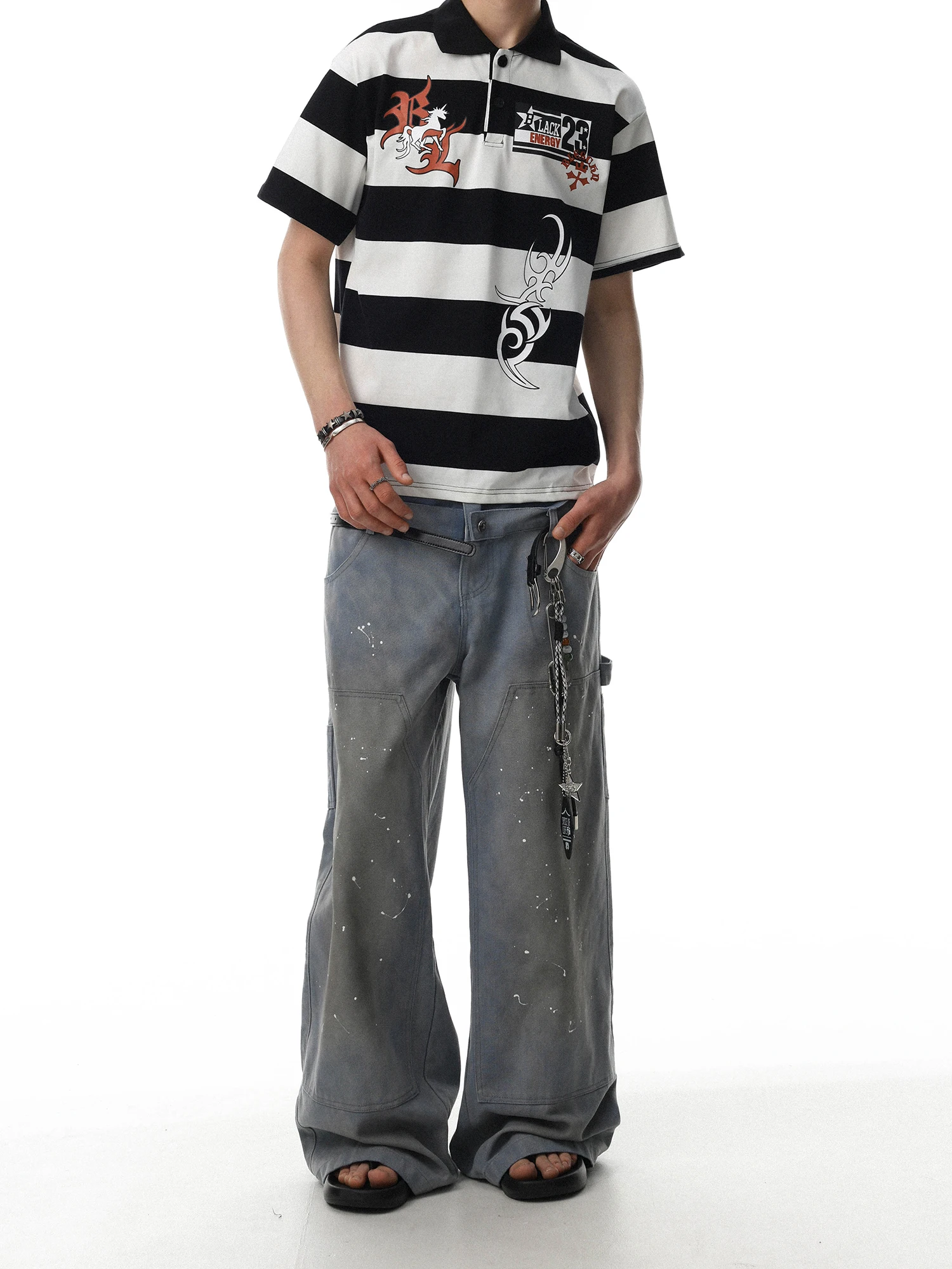 Retro American Style Double Waist Head Splashed Color Jeans Loose Wide Legged Wear Resistant Long Trousers for Men And Women