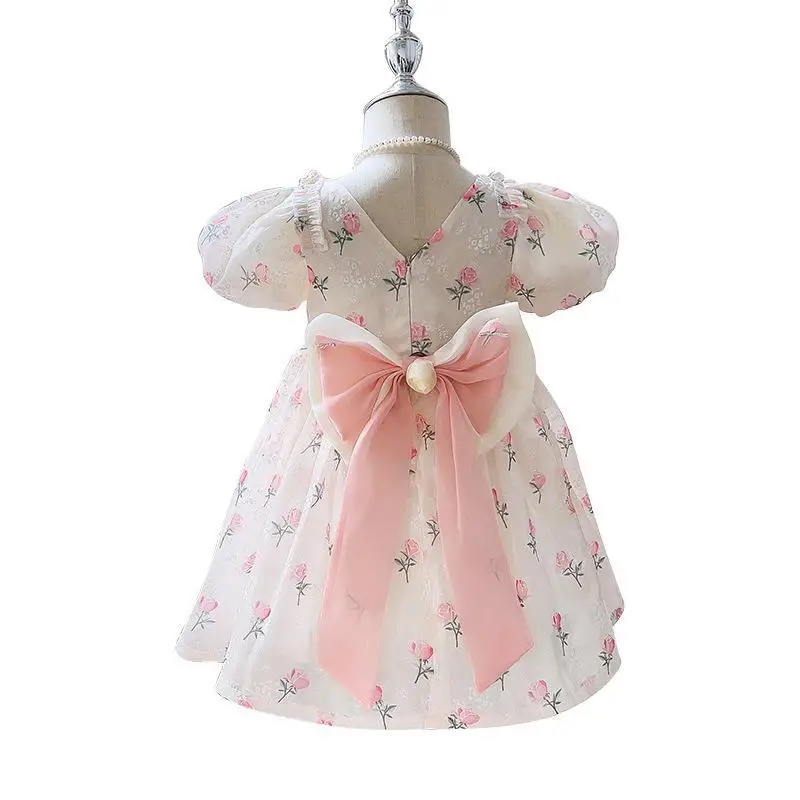 Vestido de princesa con lazo para niña, falda Floral con manga de burbuja, a la moda, novedad de verano 2024