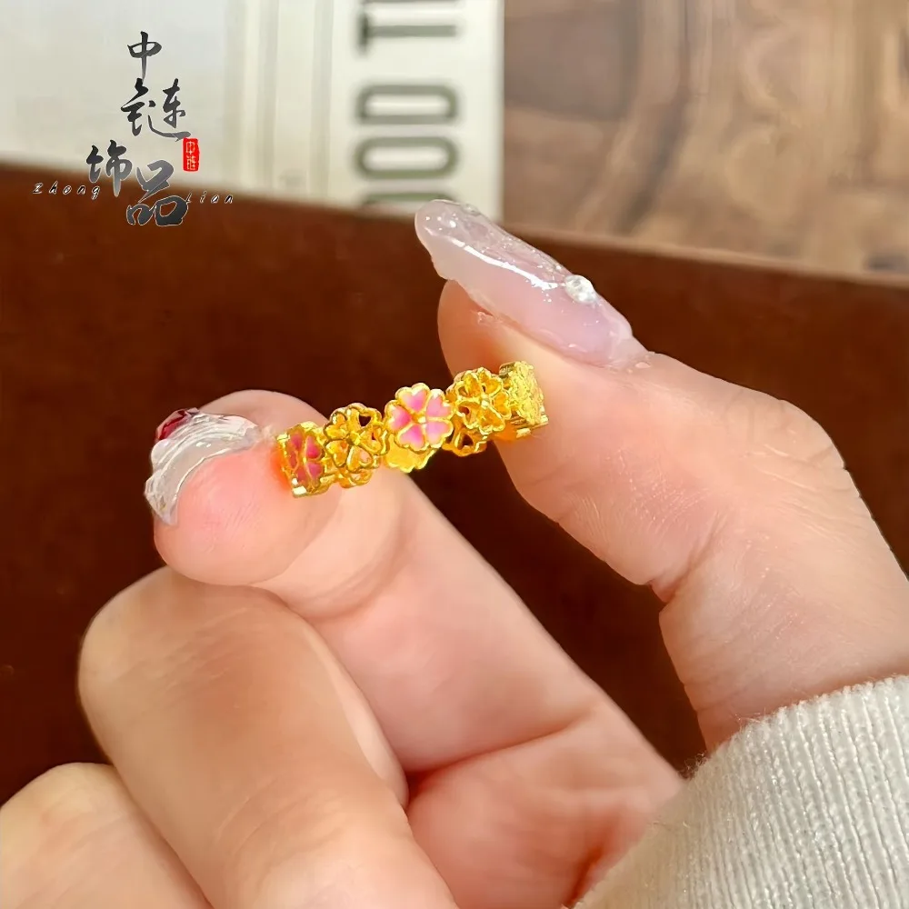 High color preserving enamel burning blue pink cherry blossom opening ring 9999gold
