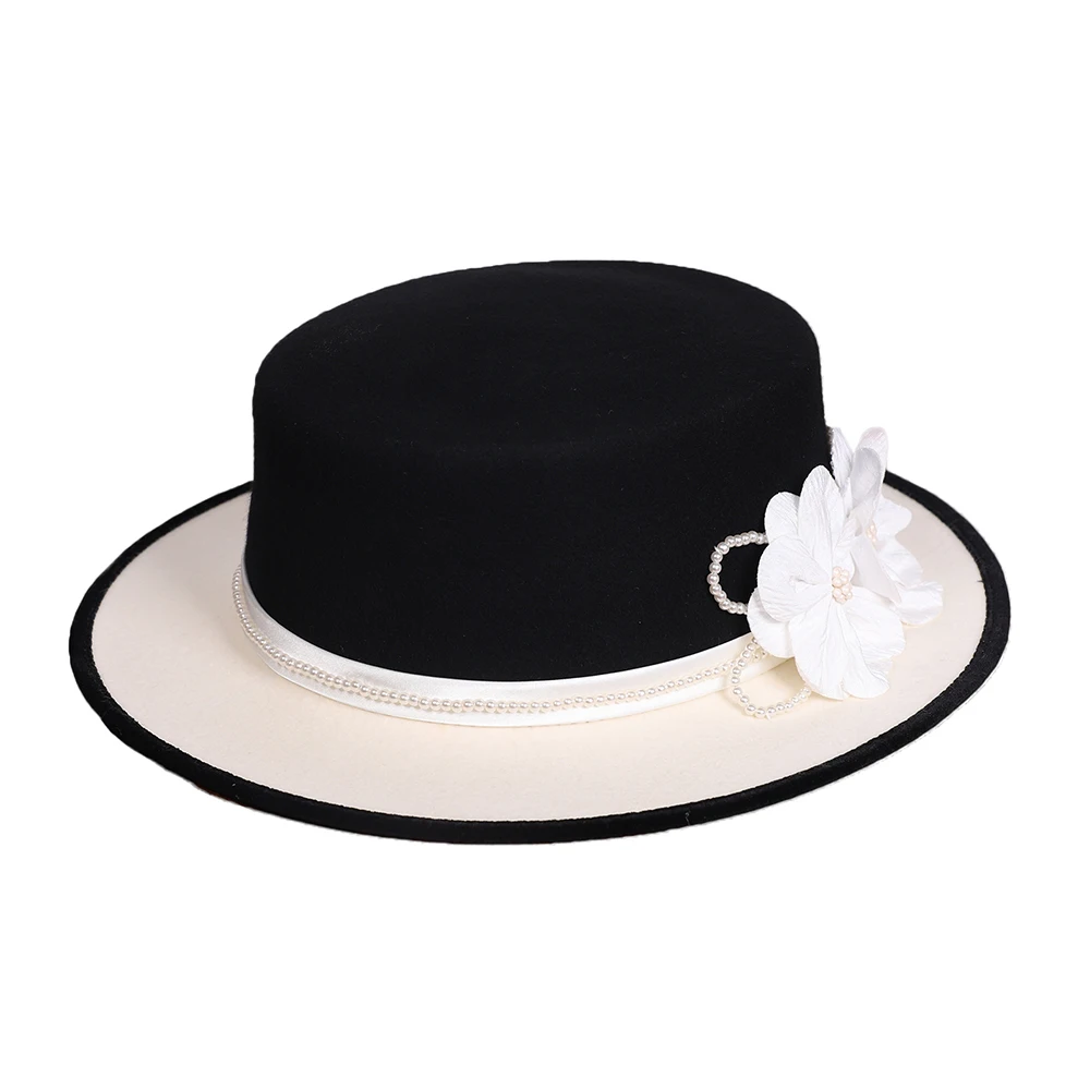 FS Elegant Black White Fascinator Hats For Women Luxury Tea Party Top Hat Summer Wide Brim Wool Cap With Flower Chapeau Femme