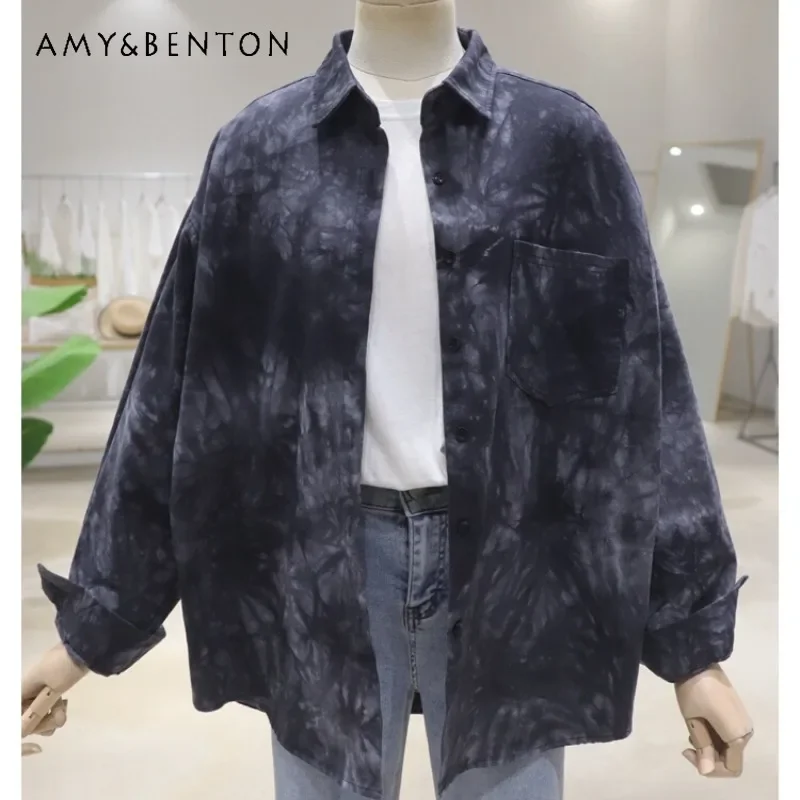 Single-breasted Pocket Personality Tie Dyeing Premium Sense Blouse Early Autumn New Loose Long Sleeves Cotton Denim Shirt Female