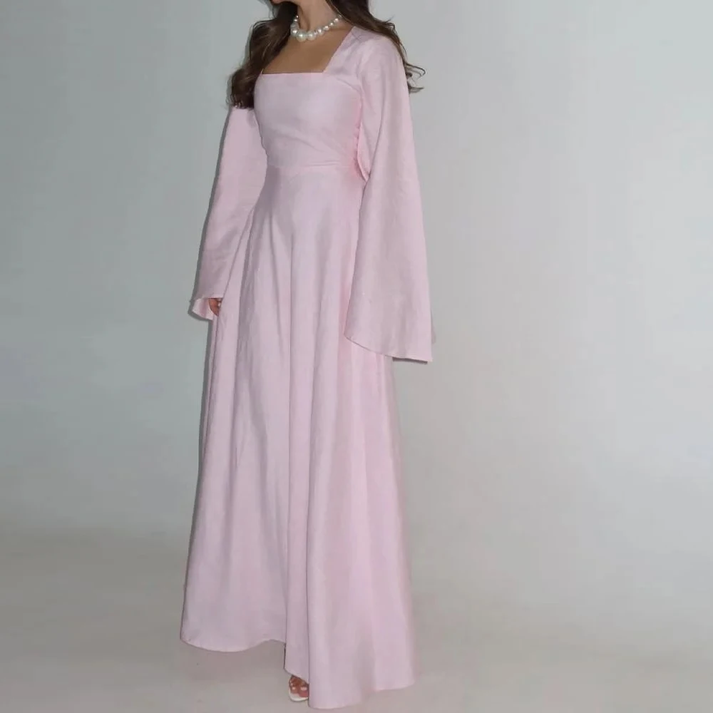 

Простое розовое вечернее платье, классический квадратный воротник, длинные рукава, платья для встречи выпускников, модные трапециевидные платья по индивидуальному заказу для особых случаев