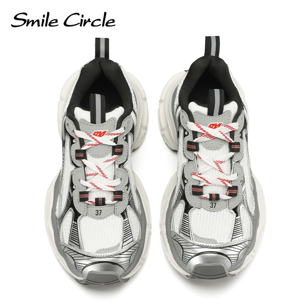 Smile Circle Luxury 3XL Chunky Sneakers Women Mesh Lace Up Flat Platform Shoes Breathable Thick Bottom Casual Sneakers