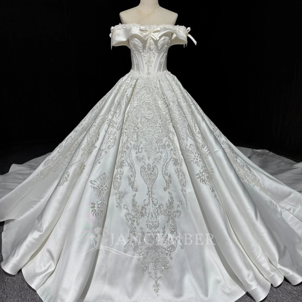 

Свадебное платье с короткими рукавами, атласное бальное платье с вырезом-лодочкой, на заказ, с кружевной шнуровкой на спине, со шлейфом, в стиле принцесса, Vestido de Noiva