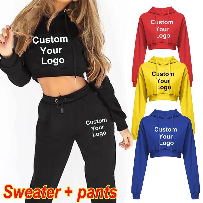 Women Tracksuit Customize Your Logo Long Sleeve Crop Top with Sweatpants Set Two Pieces Sports Dance Outfit