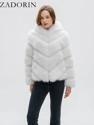 ZADORIN High Quality Hooded Splicing Fluffy Jacket Women Winter Long Sleeve White Faux Fur Coat Women Clothing New In Outerwears