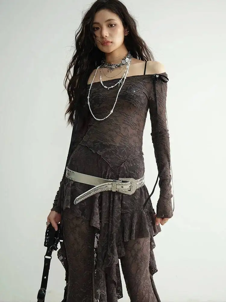 

Lace T-shirt Wide Gray Leg Pants Two Piece Suit New Slash Neck Long Sleeve Women Fashion Spring Autumn Set Fashion Women 1D8S