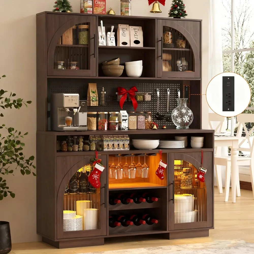 

71"Pantry Cabinet, Kitchen Cabinet with Charging Station, Kitchen Hutch Storage with Pegboard and LED Light, Wine Rack