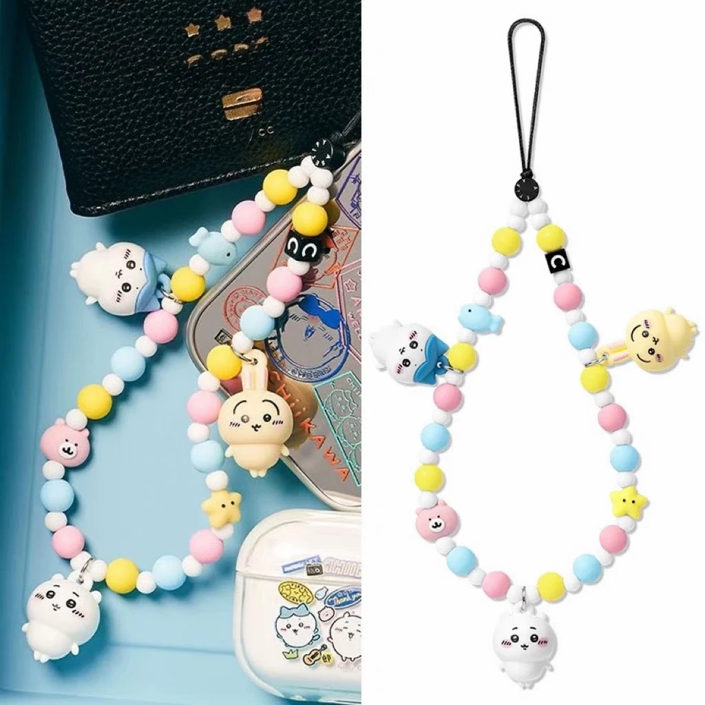 

chikawas Mobile Phone Hanging Chain Cute Bead Silicone Keychain Usagi Hachiware Charm Kawaii Accessory for Phones Bags
