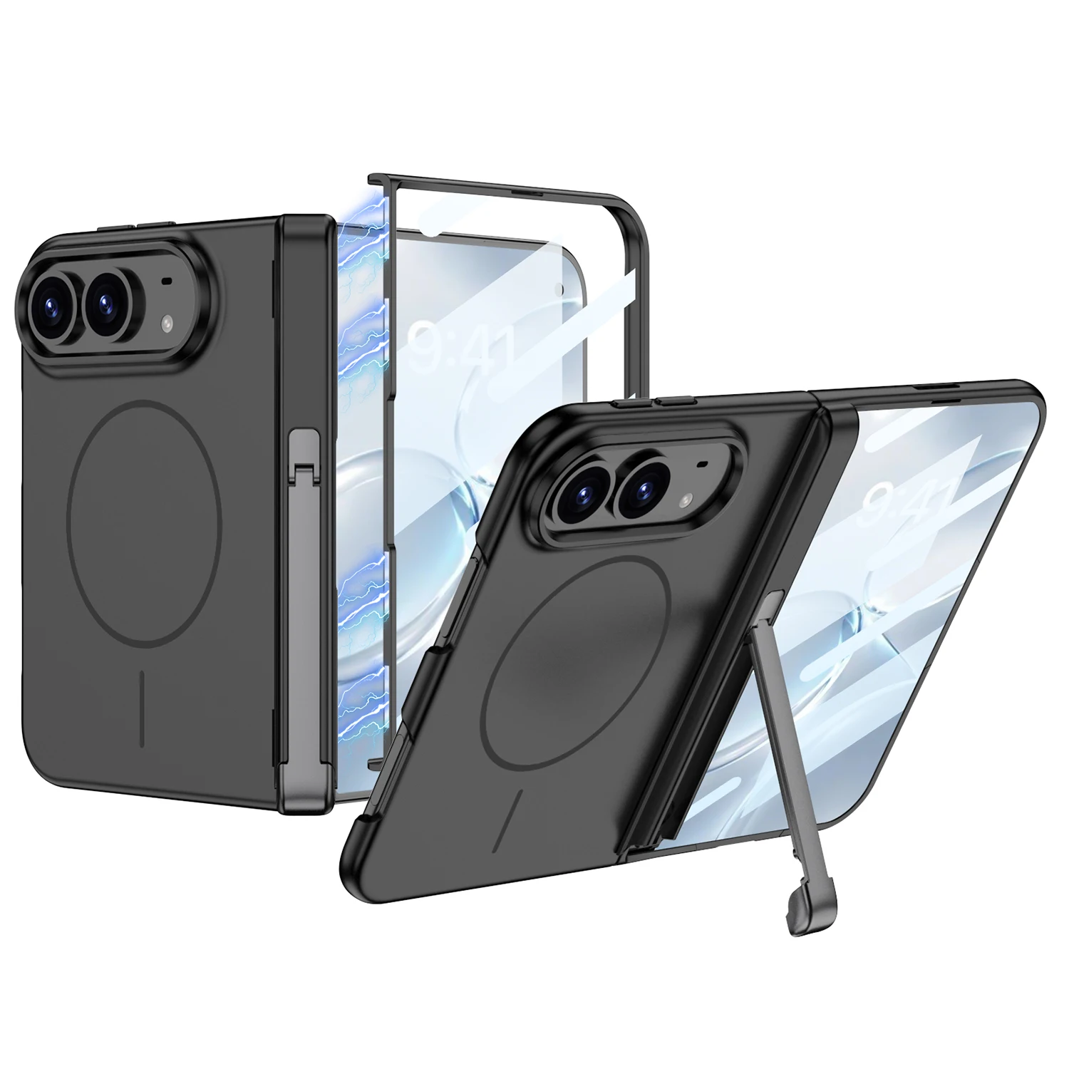 For iPhone Duo Case Skin-Friendly Magnetic Wireless Charging Hinge Bracket With Tempered Glass Shockproof Back Cover Accessories