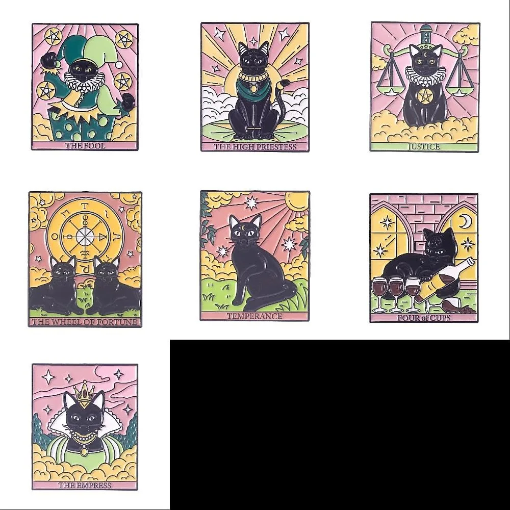 

7Pcs 7 Colors Rectangle with Black Cat Cheng Tarot Enamel Pins Alloy Brooches for Backpack Clothes Mixed Color 30.5x28mm