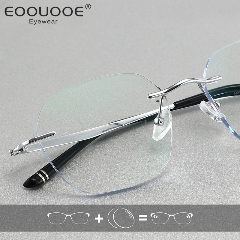 

Titanium Men Women Rimless Glasses Photochromic Optical Prescription Anti Blue Light Oculos Progressive Lens Eyewear