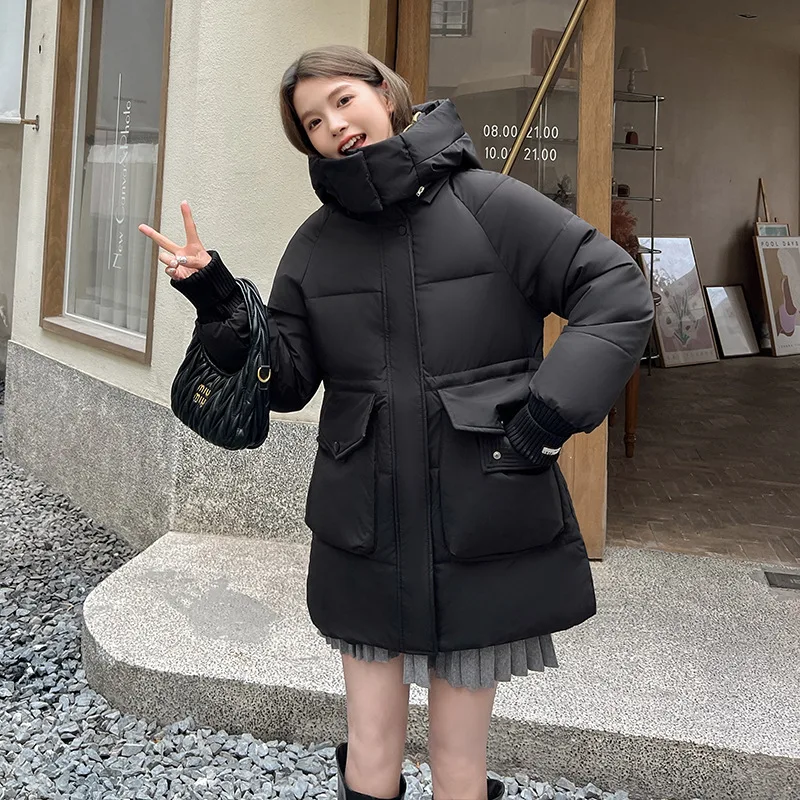 Women Parkas Mid Length Coats Hooded Zipper Jackets Tight Waist Slim Fit Thick Warm Y2k Streetwear Elegant Autumn Winter