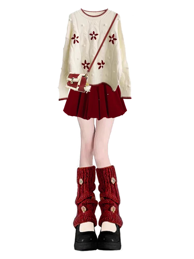 Cisas Theme Color Blo Sweater And Skirt Set Women's Faion Autumn Winter Ensemble ort Pleated Skirt Long Sve