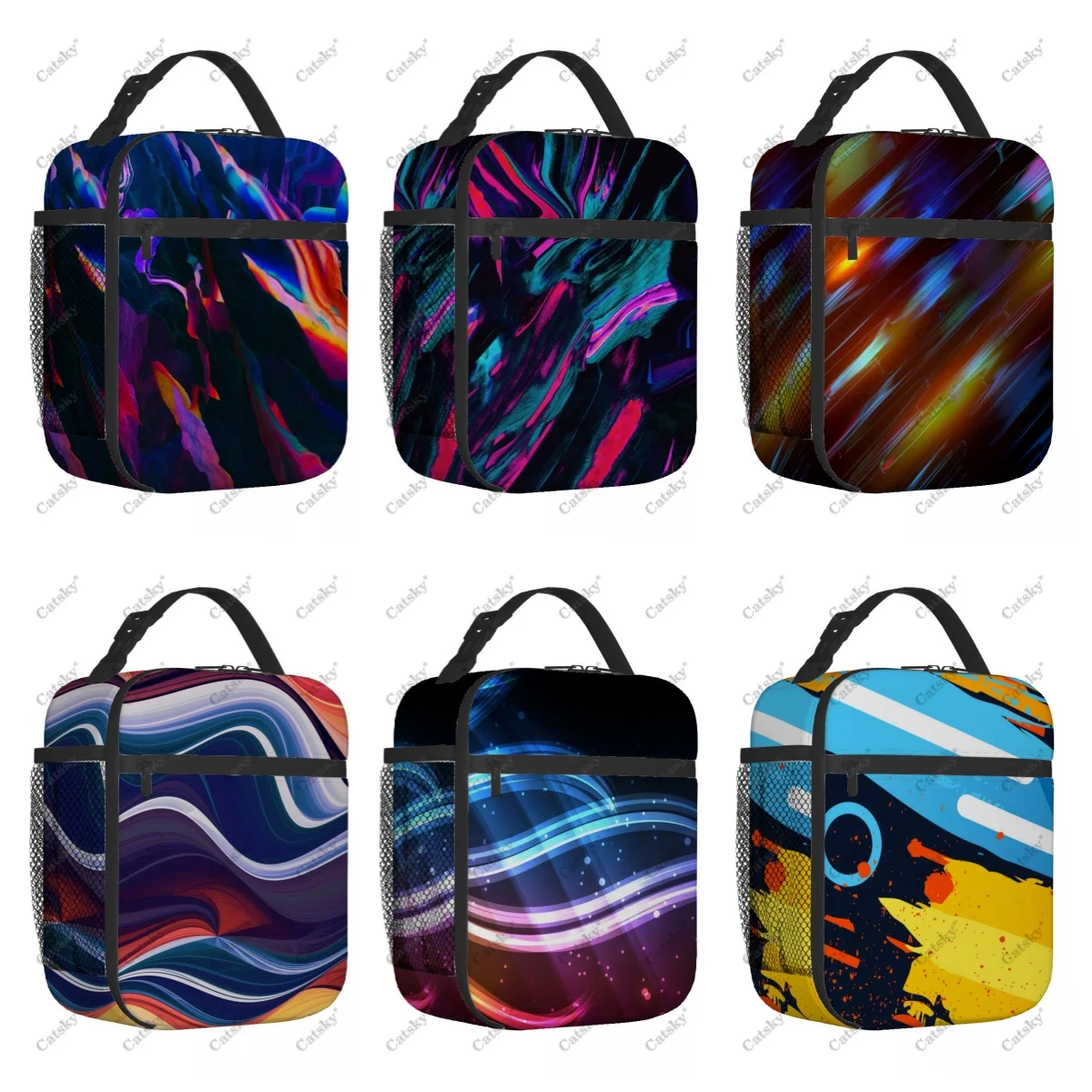 Colorful stripes abstract graphics Portable aluminum foil thickened insulated meal printed waterproof insulated lunch tote bags