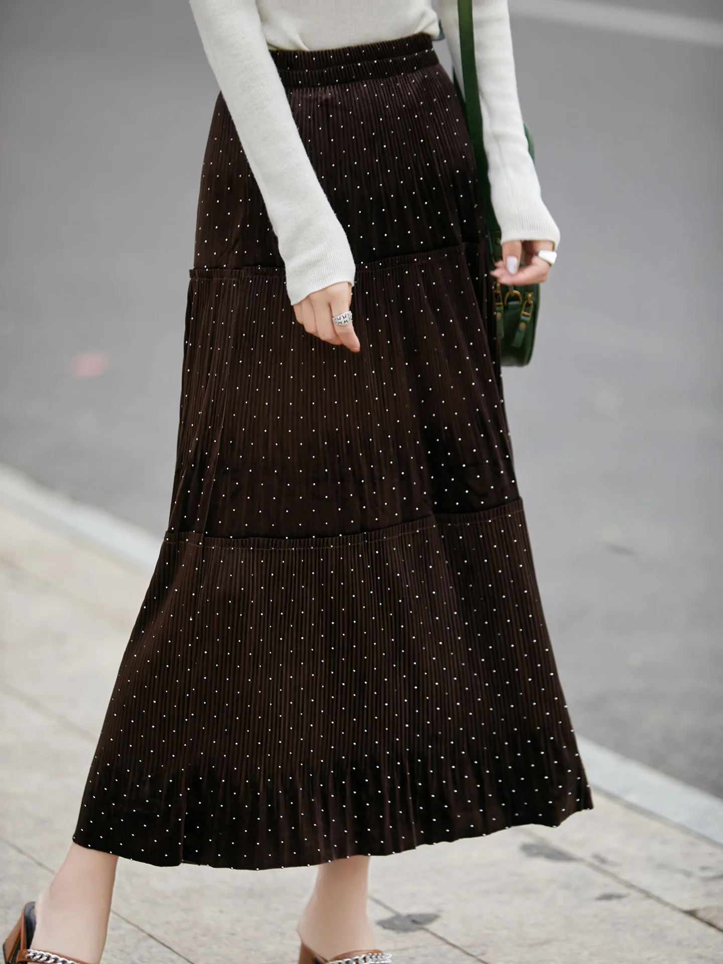 

Retro Coffee Color Polka Dot f Skirt Women's High Waist Slim A-Line Knee-Length Maxi Skirt Casual Sle mid Stretch