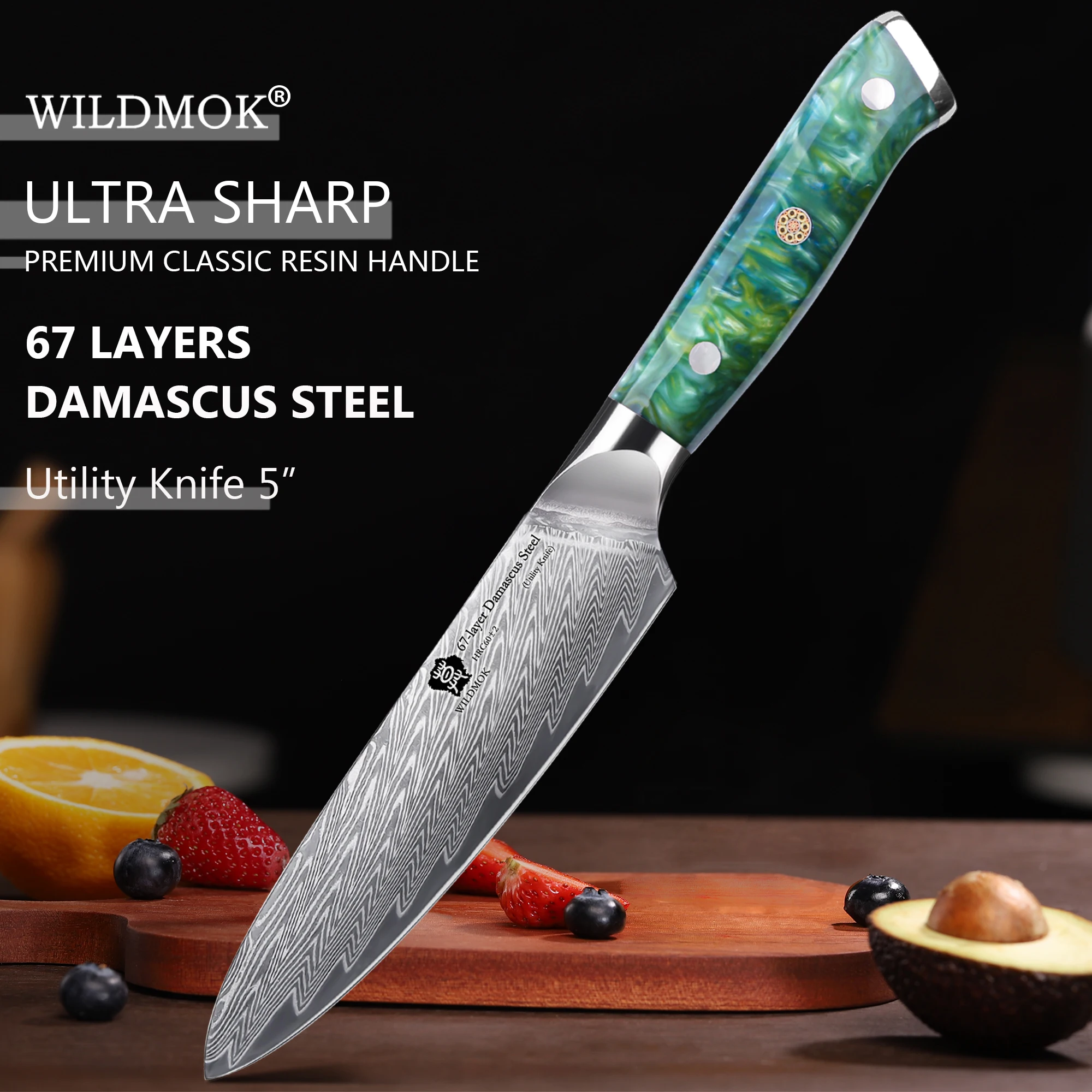 WILDMOK 5 Inch Utility Knife, Damascus VG10 Steel Kitchen Utility Knife, Sharp Kitchen Cooking Knife, Ergonomic Resin Handle