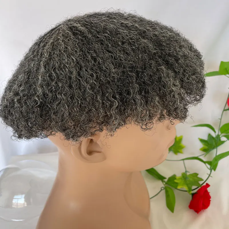 Rambut palsu keriting Afro gelombang 360 untuk pria rambut palsu pria renda penuh Swiss 1B50 rambut manusia abu-abu 4MM 10x8 inci sistem rambut