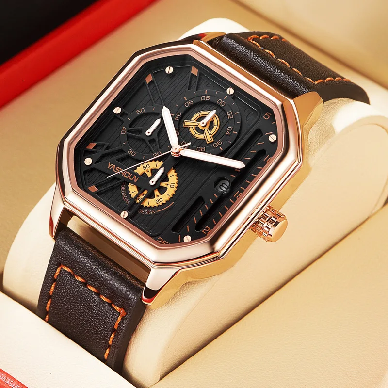 Cross-Border Hollow Watch Men's Square Sports Multi-Functional Three Eyes and Six Needles Men's Watch Calendar Foreign Trade Gua