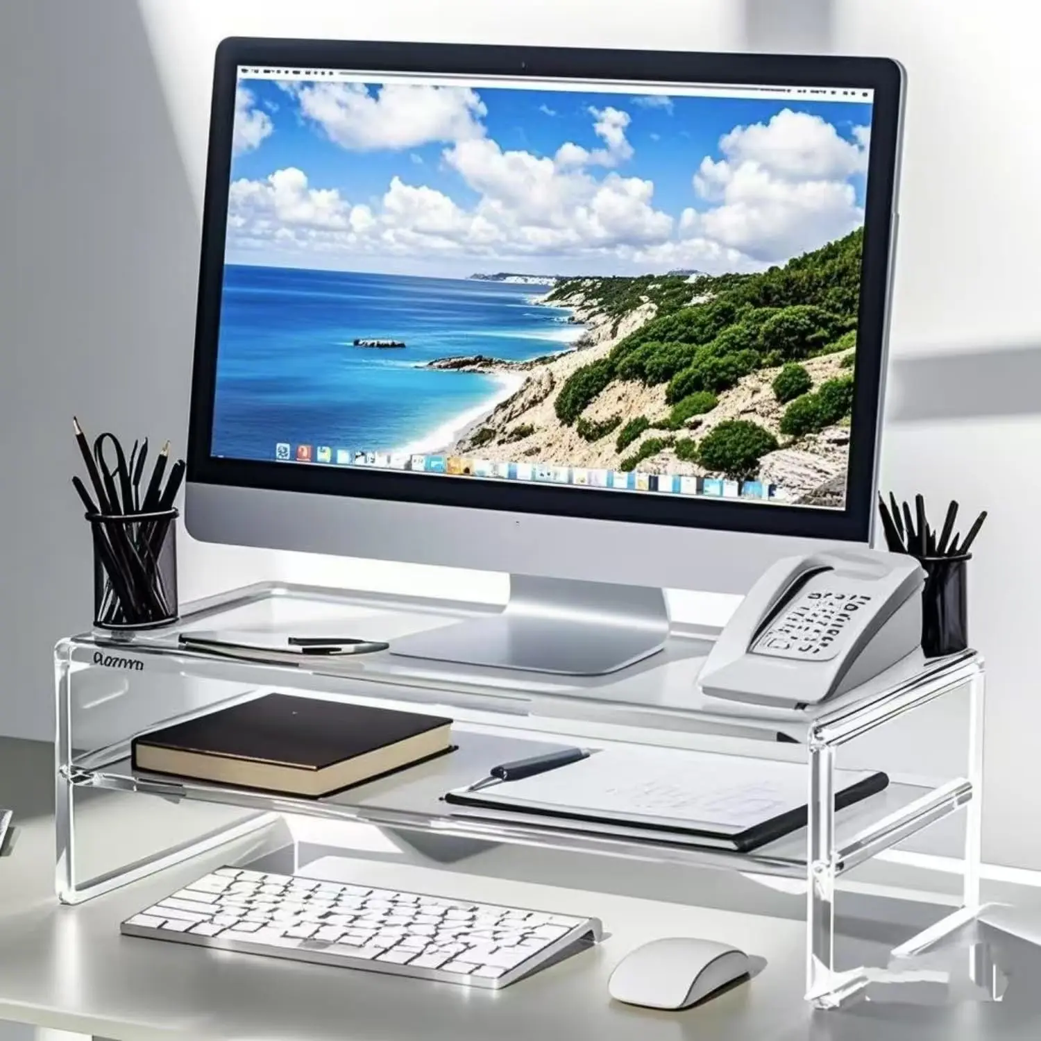 Acrylic Monitor Stand - 2 Tier Riser for iMac, PC, Desktop, Laptop, TV with Storage Shelf, Home Office Desk Organizer (20in)