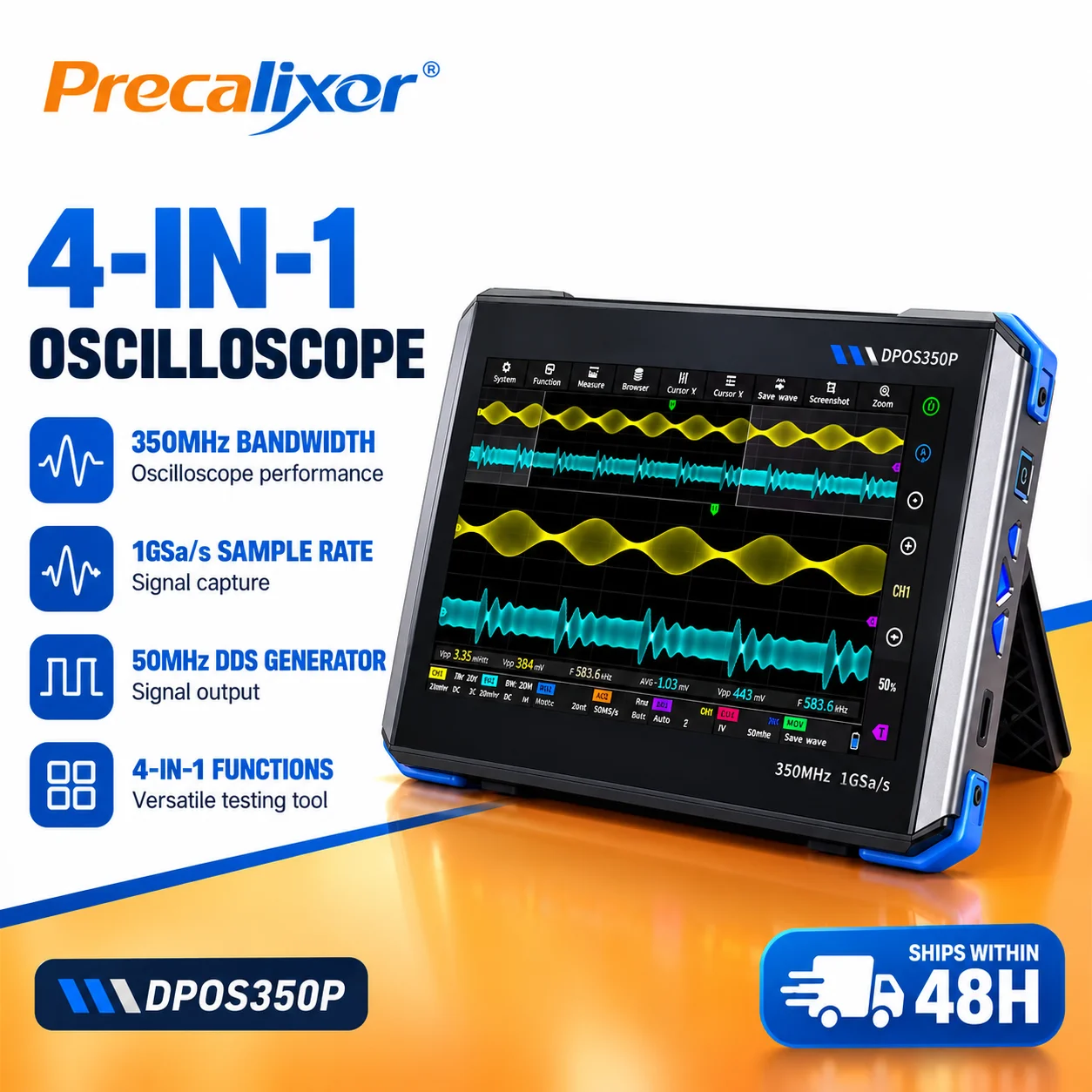 4-in-1 Digital Oscilloscope 350MHz 1GSa/s 2CH 50MHz DDS Signal Generator Spectrum Analyzer Frequency Response Analyzer DPOS350P
