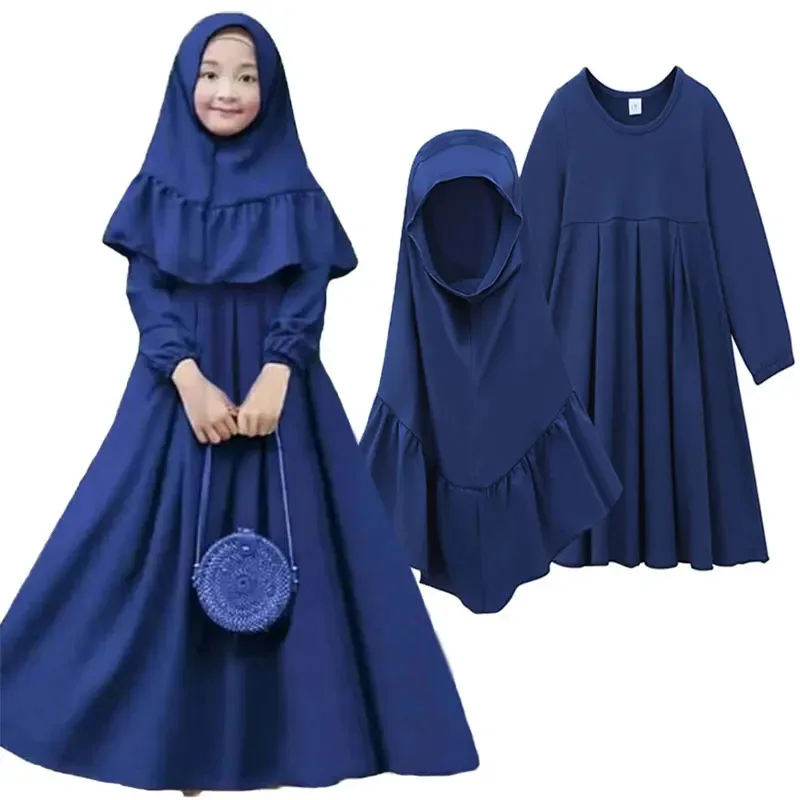 

Blue Solid Color Prayer Dress for Muslim Girls Toddler Child 6-12M 1-10Y Islamic Ramadan Clothing Abaya Back Lace-up 2pcs Set