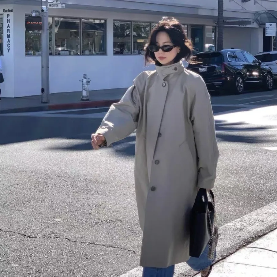 

Casual Brit Sle Long Leisure Coat Stand Collar Oversized Windbreaker Outerwear for Women Autumn Season Color