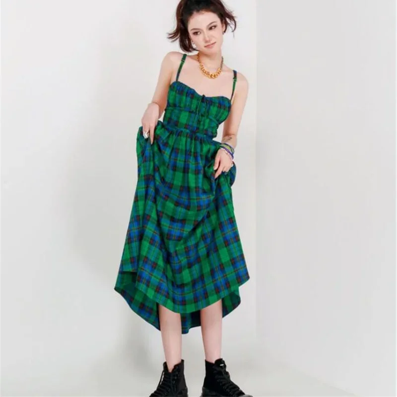 Vintage Green Plaid Backless Strap Dress Women's Sexy Sweet Sleeveless Lace-up Beach Dresses Vestidos De Verano Mujer 2023