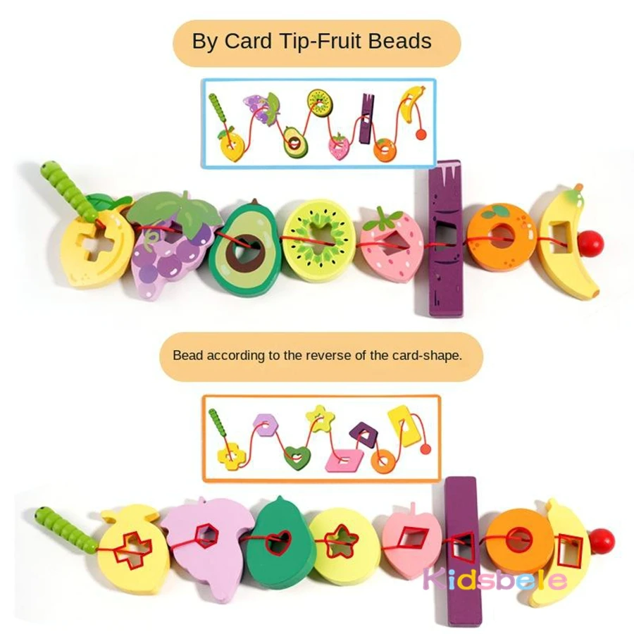 Holzwurm isst Obst Einfädeln Schnürspielzeug Farbform Kognitives sensorisches Spielzeug Geschenk Kleinkind Feinmotorik-Training Montessori-Spielzeug