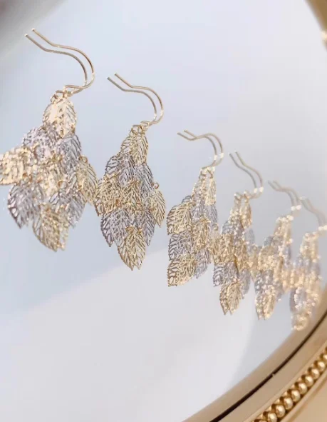 18k gold hoop earrings for women karat gold drop earrings gold leafs earrings party jewelry au750 stamp
