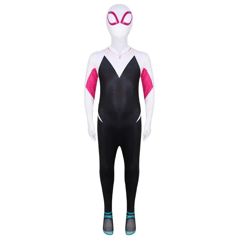 Kids Spider Gwen Cosplay Superhero Bodysuit Gwendolyn Maxine Stacy 3D Zentai Halloween Role Play Costume Hooded Mask Jumpsuitt