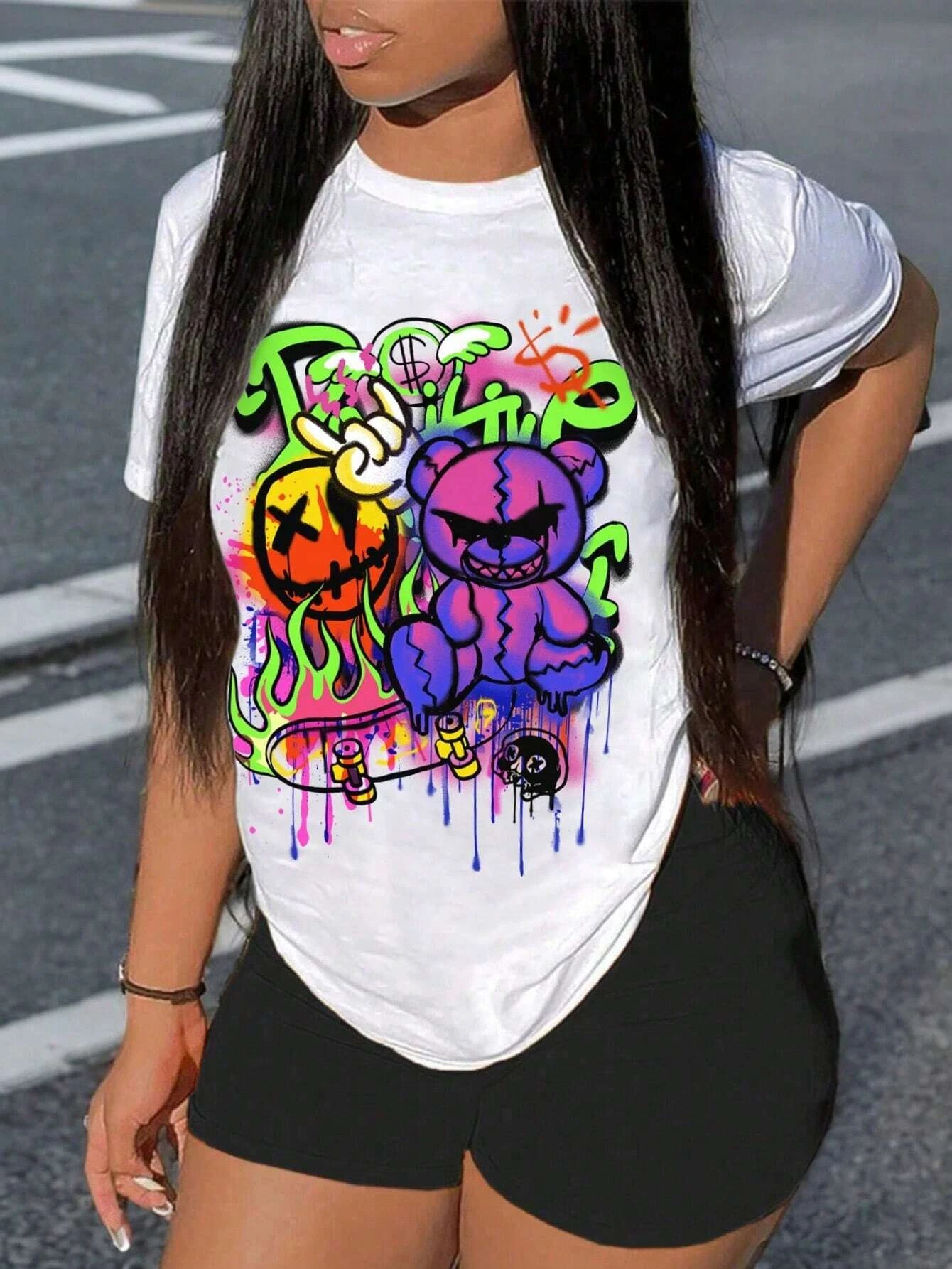 

Slayr Casual Street Style Bear Graphic Print Round Neck Short Sleeve T-Shirt For Women Fashion Hip-Hop Style Street Clothing Tee