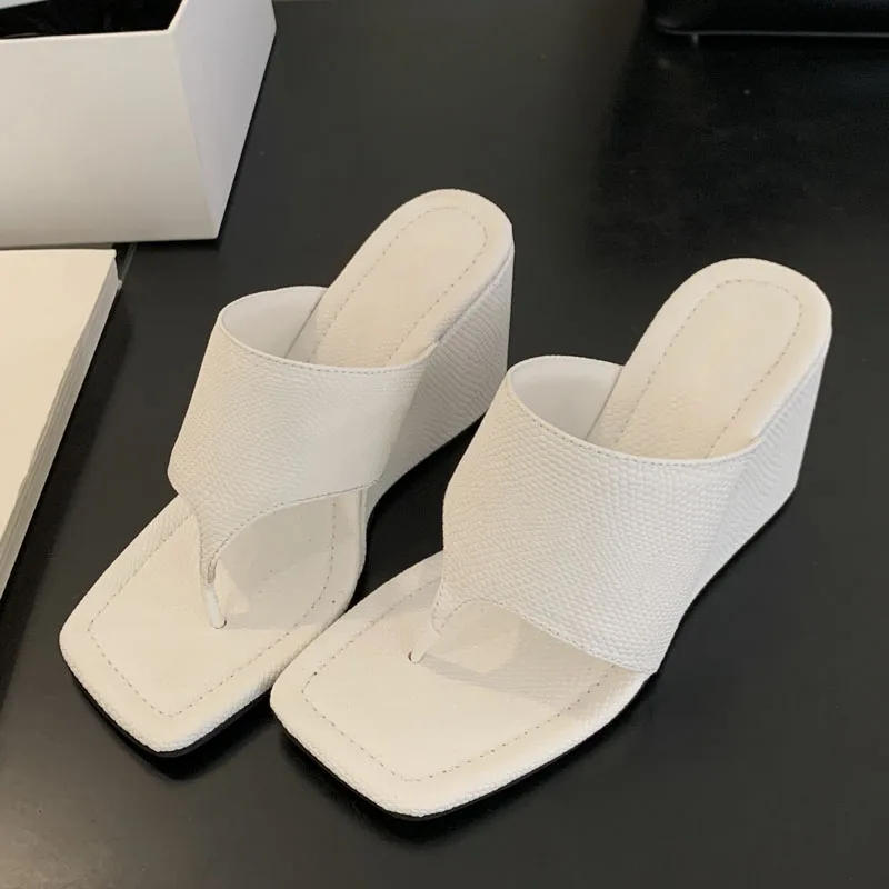 Aneikeh Street Style Summer Fashion Open-toe White Elegant Square Clip Toe Wedges High Heels Women Slippers Banquet Slide Shoes