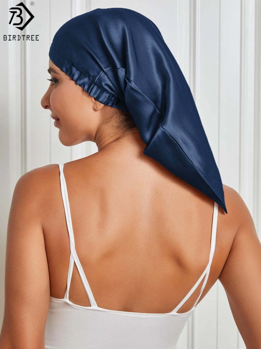 Birdtree, 100% Silk Solid Bonnets, Women Triangel Sleeping Night Pure Hair Wrap Cap, For Curly Ladies Headwrap A62901JF