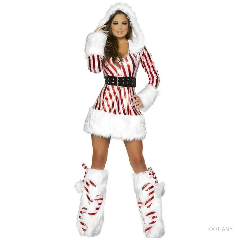 Sexy Vrouwen Rode Kerst Capuchon Santa Claus Cosplay Kostuum Nieuwjaarsfeest Gestreepte Fluwelen Kerst Elf Maskerade