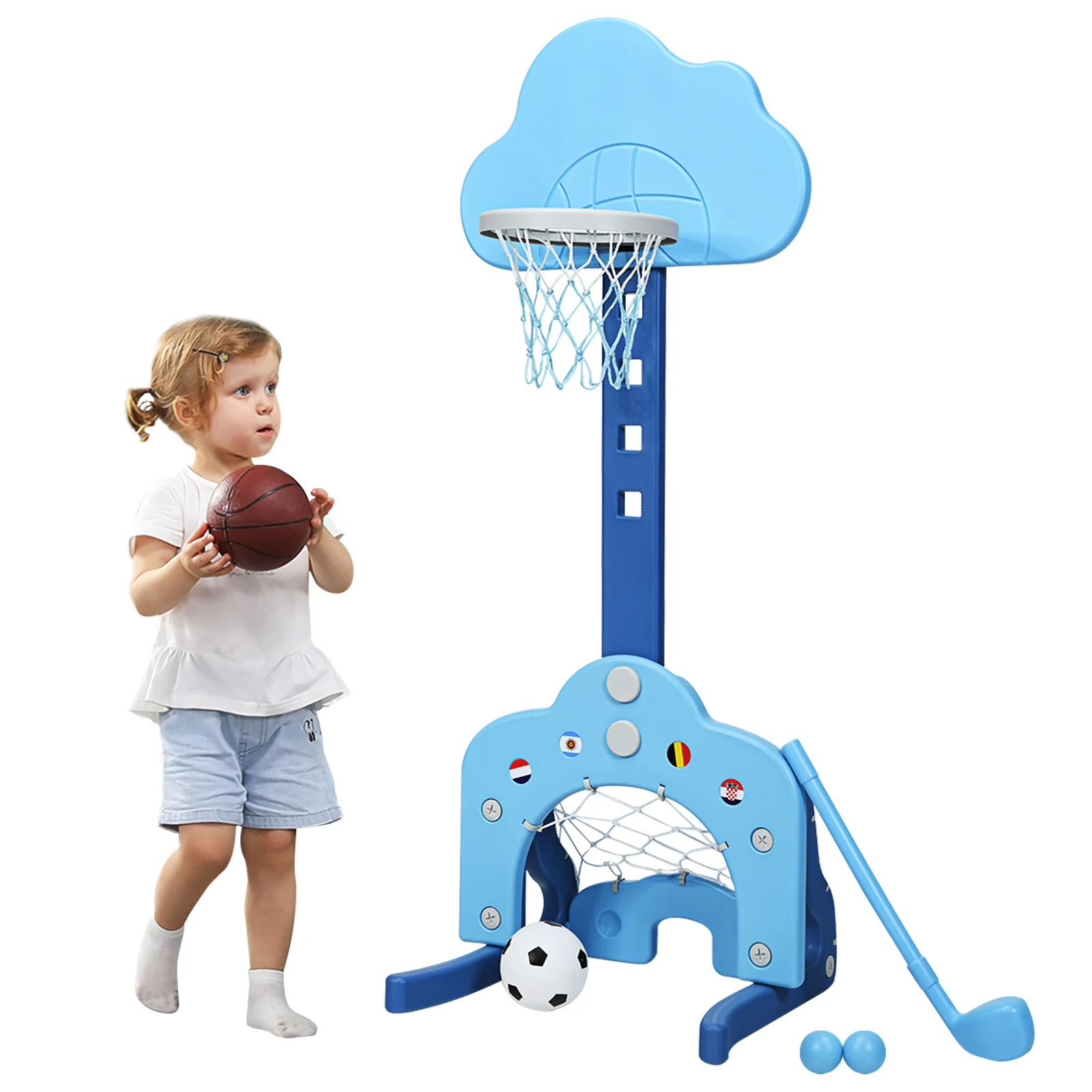 

3-in-1 Kids Basketball Hoop Set Adjustable Sports Activity Center w/ Balls Blue